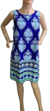 Madison Leigh Size 10 Blue Green Floral Scroll Sleeveless Shift Dress knee lengt